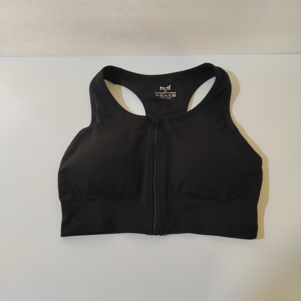 Pro-Fit Sports Bra Size M Black Seamless Zip Front Racerback with Removable Pads